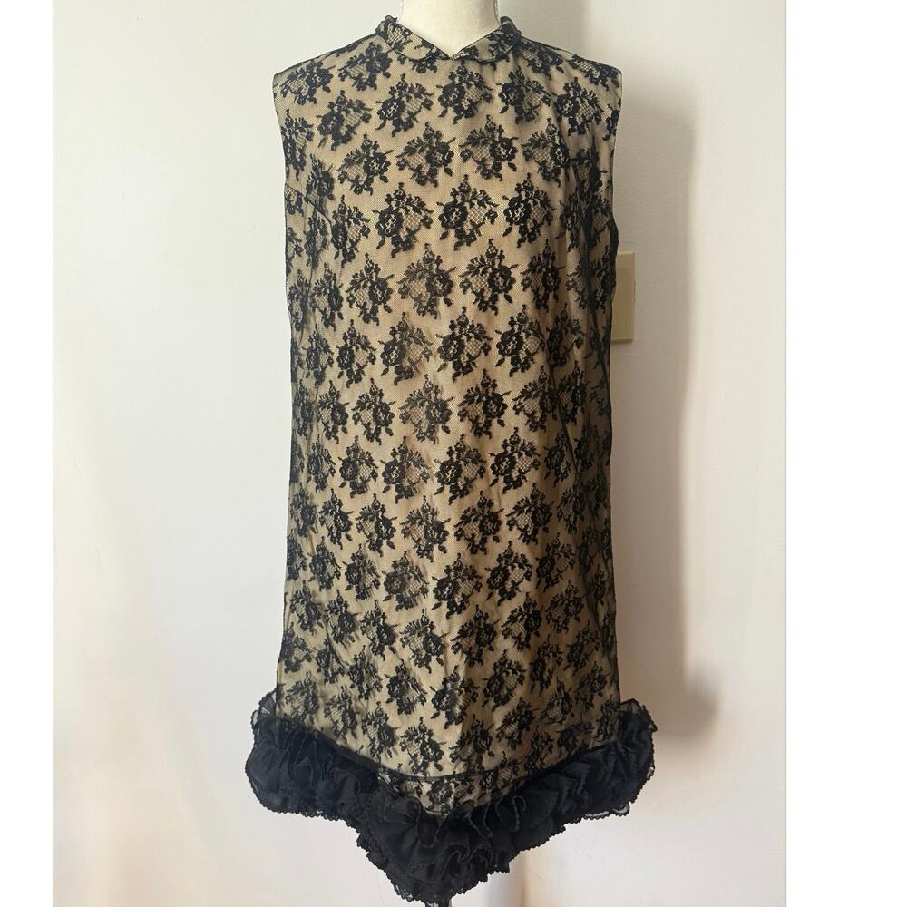 Vintage 60s Black Lace Cocktail Shift Dress With Ruffle LBD Mod Mid Century